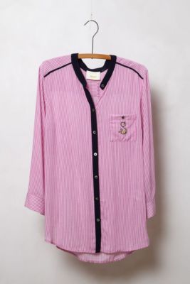 Anthropologie MAEVE M Blouse MONOGRAM C Buttondown Embroidered Letter Pink Navy