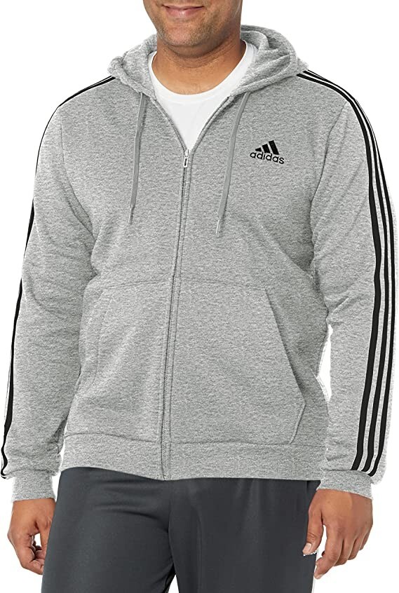 

Мужская флисовая худи adidas Essentials с тремя полосками и молнией во всю длину, размер 2XL, высокий серый