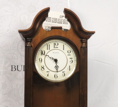 Bulova Saybrook Wall Clock C1517 Brown Cherry Lyre Pendulum Chime Night Mode New