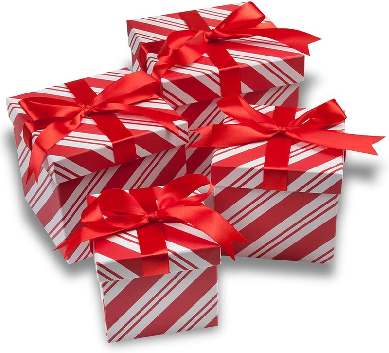 4 Christmas Gift Boxes Candy Cane Christmas Nesting Boxes with Lids in 4 Assorte