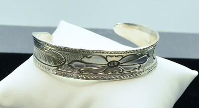 STERLING SILVER FLOWER ETCHED  CUFF BRACELET   #FMT173