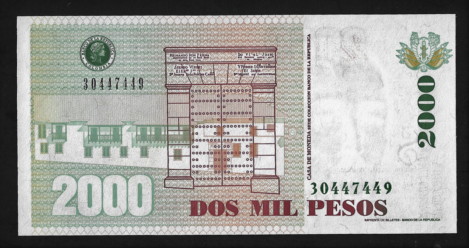 COLOMBIA(1)BANK NOTE 2000 PESOS 12.10.2000 P 445 CRISP UNCIRCULATED