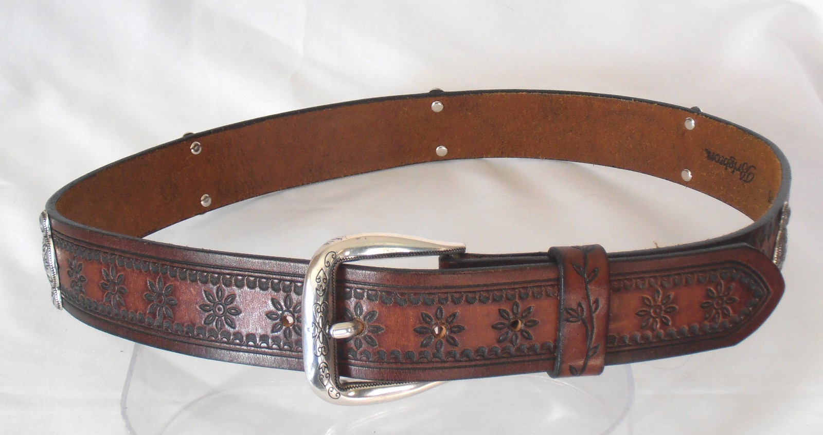 BRIGHTON B20175 Size (31-35) Brown Tooled Leather Southwestern Silvertone Belt