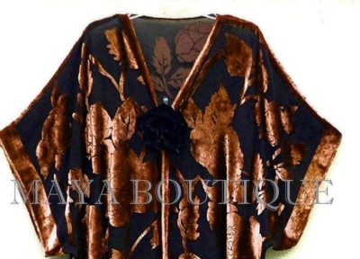 Pre-owned Maya Matazaro Jacket Kimono Duster Silk Burnout Velvet Copper & Black No Fringe  In Copper Brown & Black