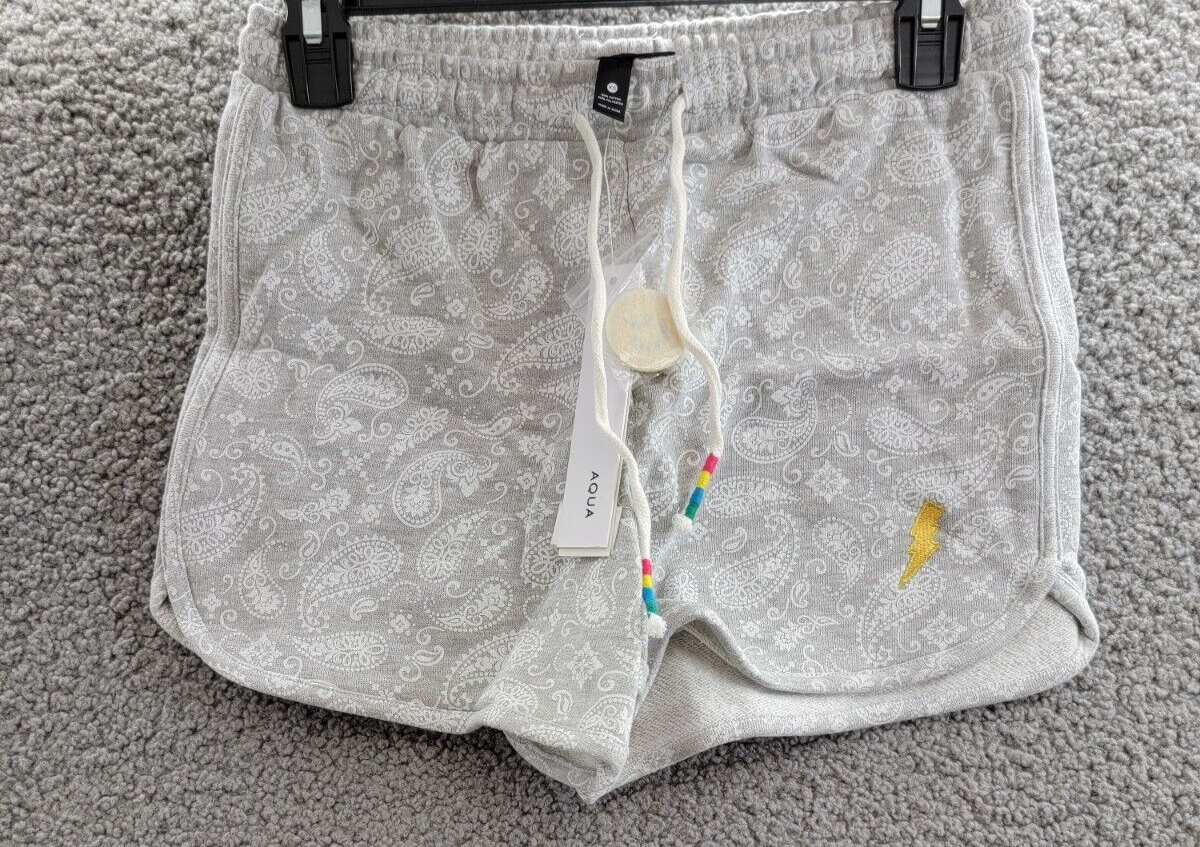 AQUA Camp Bandana Print Lightning Patch Shorts Women's XS Gray Paisley Pull On - Picture 2 of 17