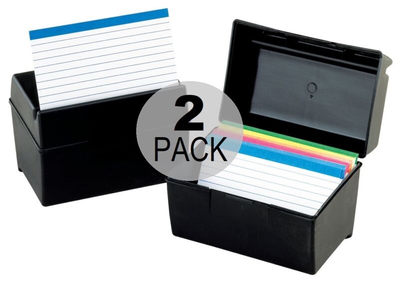 2 Oxford Plastic Index Card Flip Top File Boxes Holds 300, 3 x 5 , Black