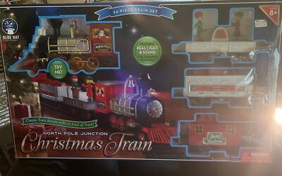 Blue Hat North Pole Junction Christmas Train 34 Piece Sounds 20 Feet Track