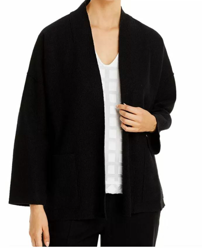 Pre-owned Eileen Fisher System High Collar Boiled Wool Kimono Jacket In Black Sz M