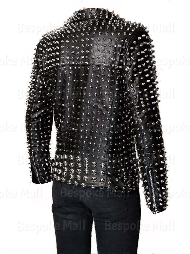 Pre-owned Handmade Men's Black Full Silver Studded Punk Unique Cowhide Biker Leather Jacket-1