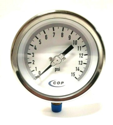 Gauge 4'' Face S/S Case 0-15 PSI 1/4'' NPT Brass Tube & Socket Dry 15II3