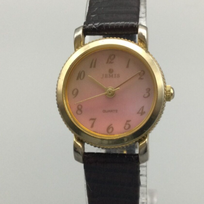 Vintage Jemis Watch Women Gold Tone Pink Dial Leather Band New Battery