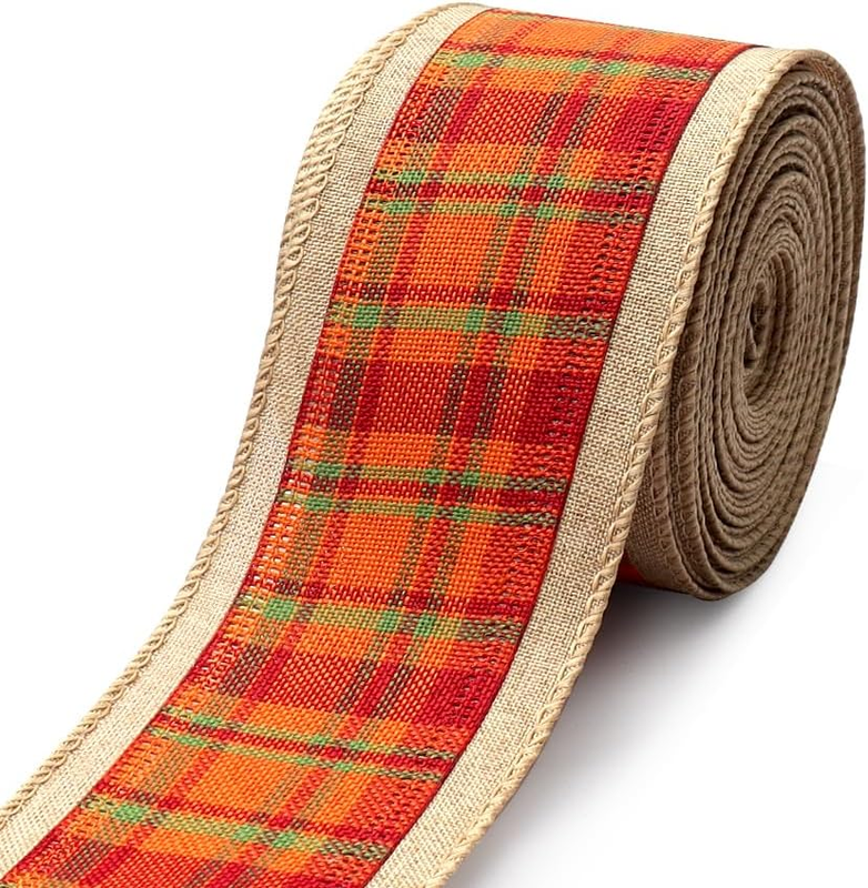 Fall Ribbons for Crafting, Thanksgiving Wired Edge Ribbon Orange Buffalo Plaid C
