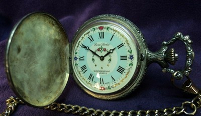 Serviced~Ever Swiss FANCY DIAL~Winding 17 Jewel~Deer Hunter Scene Pocket Watch