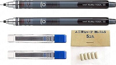 2 x Uni Kuru Toga Self Sharpening Mechanical Pencil Smoke + 24 Leads + 5 Erasers