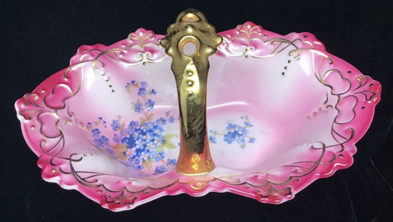 H & C Czechoslovakia Handled Basket Porcelain 7” Pink Gold Blue Flowers (47)