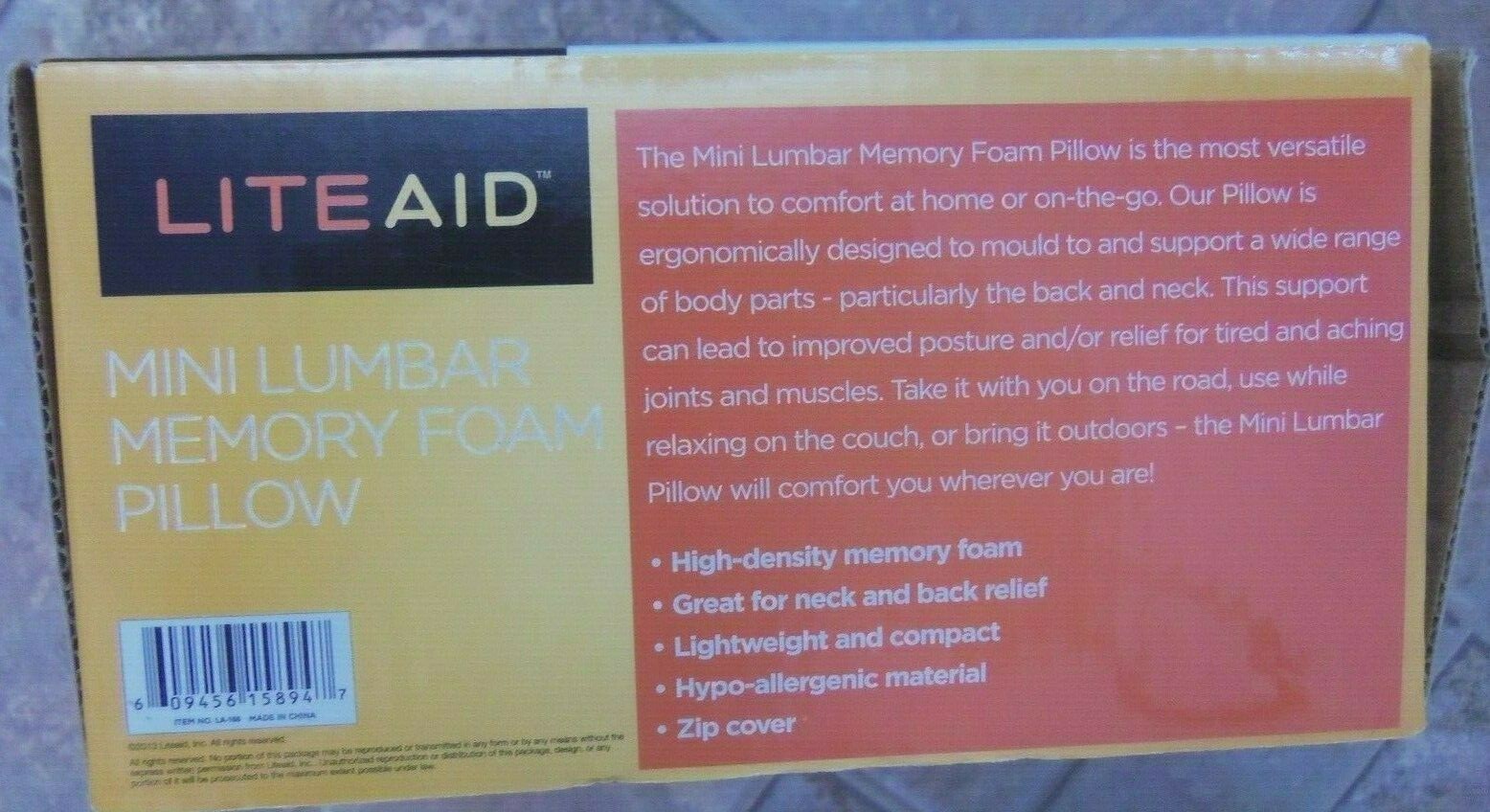 LITEAID MINI LUMBAR MEMORY FOAM PILLOW NEW IN BOX