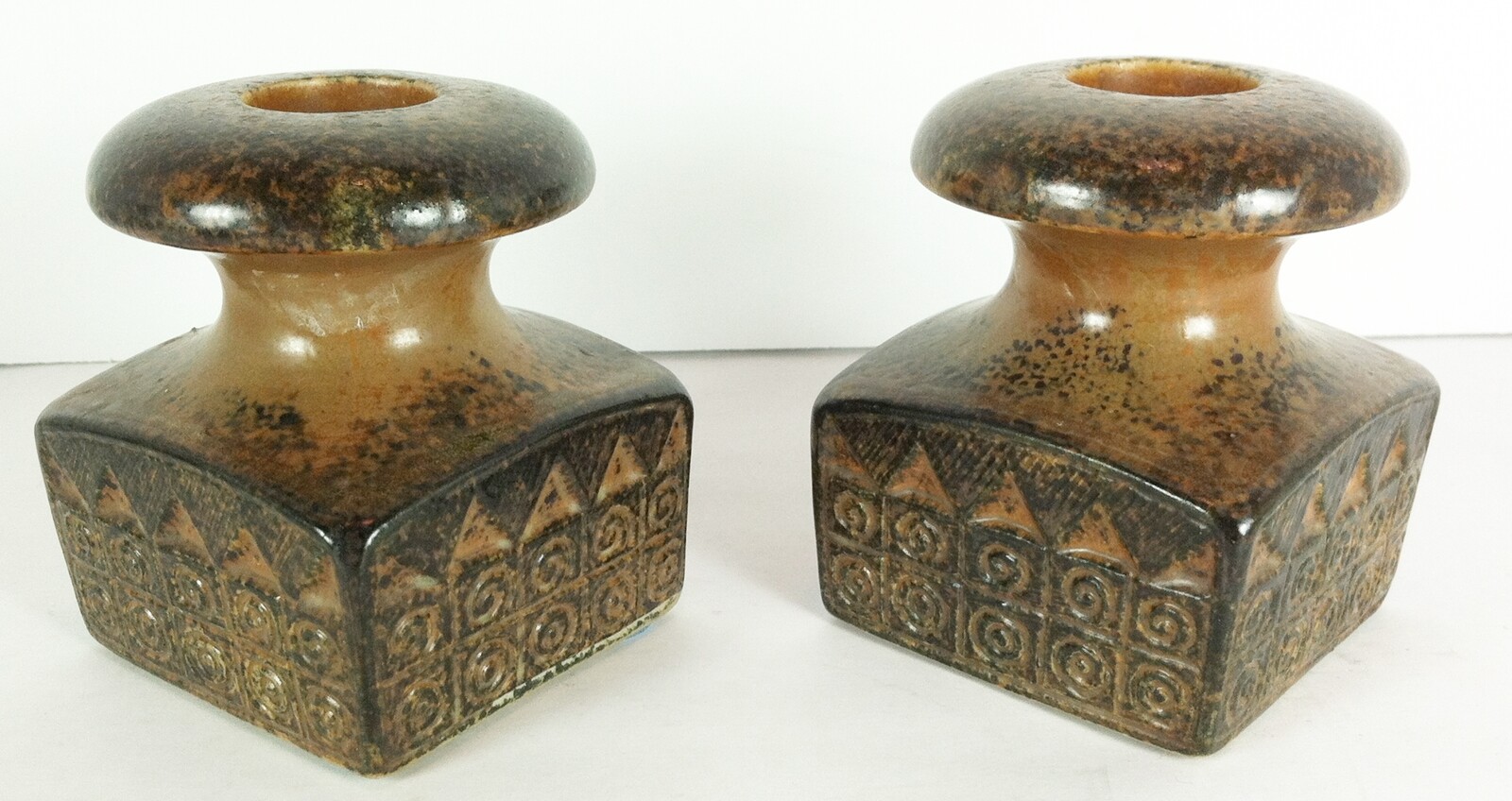 Vintage Candle Holders Pair Ries Japan Mid Century Brown Embossed Ceramic