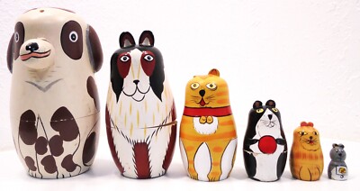 Wooden Russian Nesting Dolls 5.5'' Painted Set of 2 Dogs 3 Cats & 1 Mouse