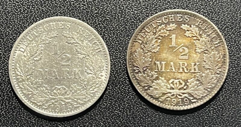 Germany 1915A and 1919A Half Mark Silver Coins