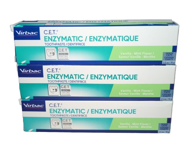 LOT OF 3 Virbac C.E.T. Enzymatic Toothpaste Cats, Dogs, VANILLA MINT Flavor 5 oz