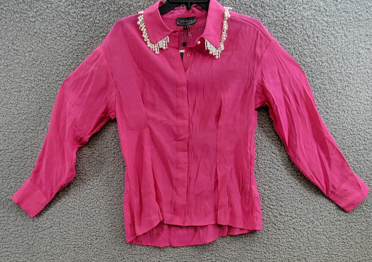 Gracia Faux Peal Trim Collar Top Women's S Fuchsia Button Front Placket L/S - Picture 2 of 14