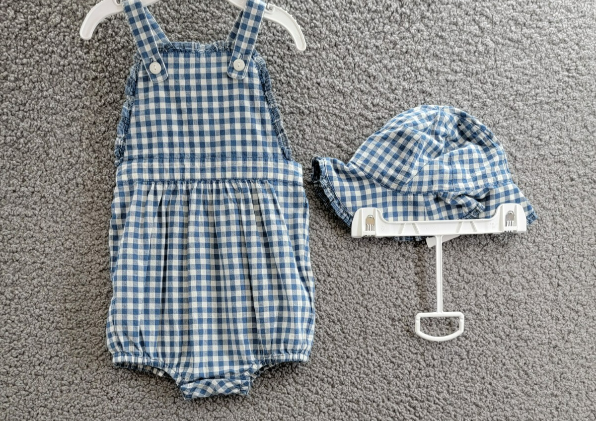 Ralph Lauren Gingham Madras Bubble Shortall & Hat Set Baby Girls 6M Blue Snap Up - Picture 2 of 24