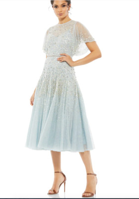 MAC DUGGAL 93655 SEQUIN & CRYSTAL RUFFLE SLEEVE POWDER BLUE MIDI GOWN 18