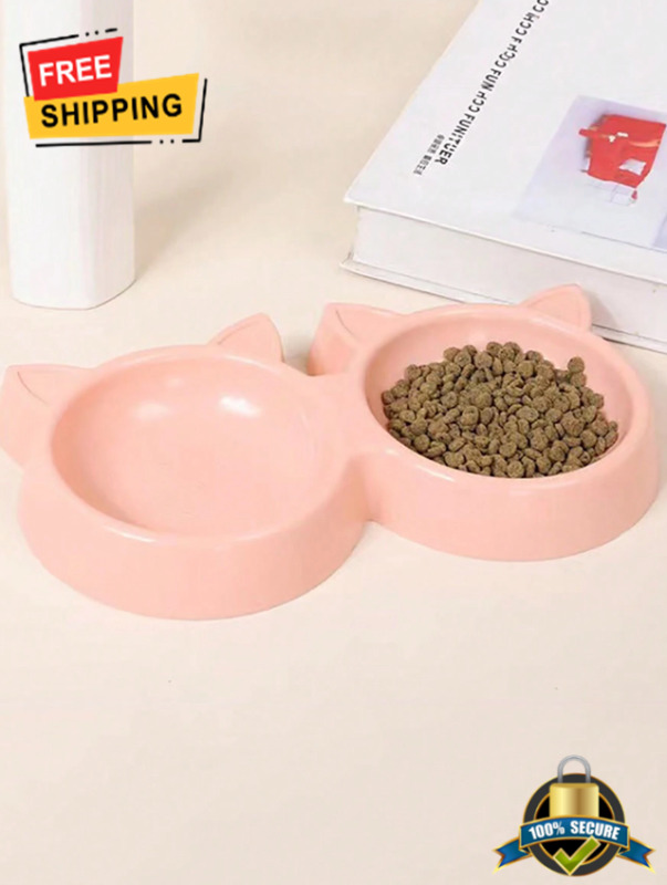 Pink Cat & Dog Food/Water Bowl - Anti-Spill, Durable, Cartoon