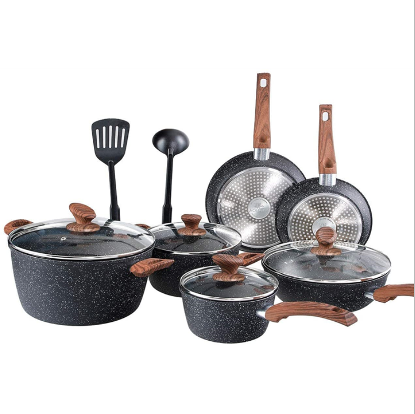 12 Pieces Kitchen Pots & Pans Set Nonstick Cookware Set Granite Coated w/ Lid