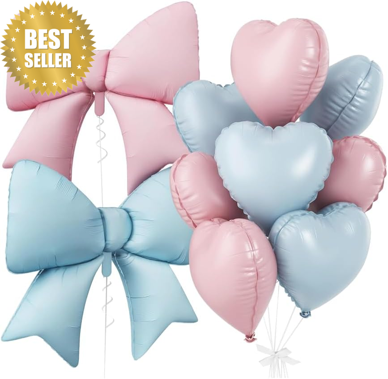 18 Inch Pink and Blue Heart Foil Balloons, Pink Bow Balloons Heart Shaped Party