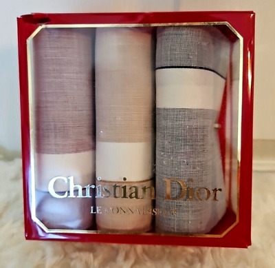 VTG Christian Dior Le Connaisseur Mens Handkerchief Striped Cotton 3 Pack NEW