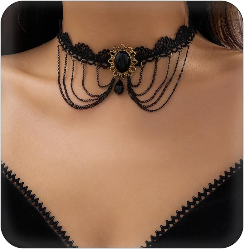 Gothic Lace Choker Necklace Women Black Crystal Tassel Victorian Lolita Collar
