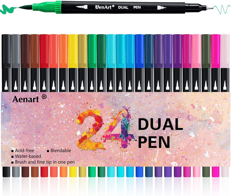 Dual Brush Markers for Adult Coloring Books, 24 Colored Journal Planner Pens Fin