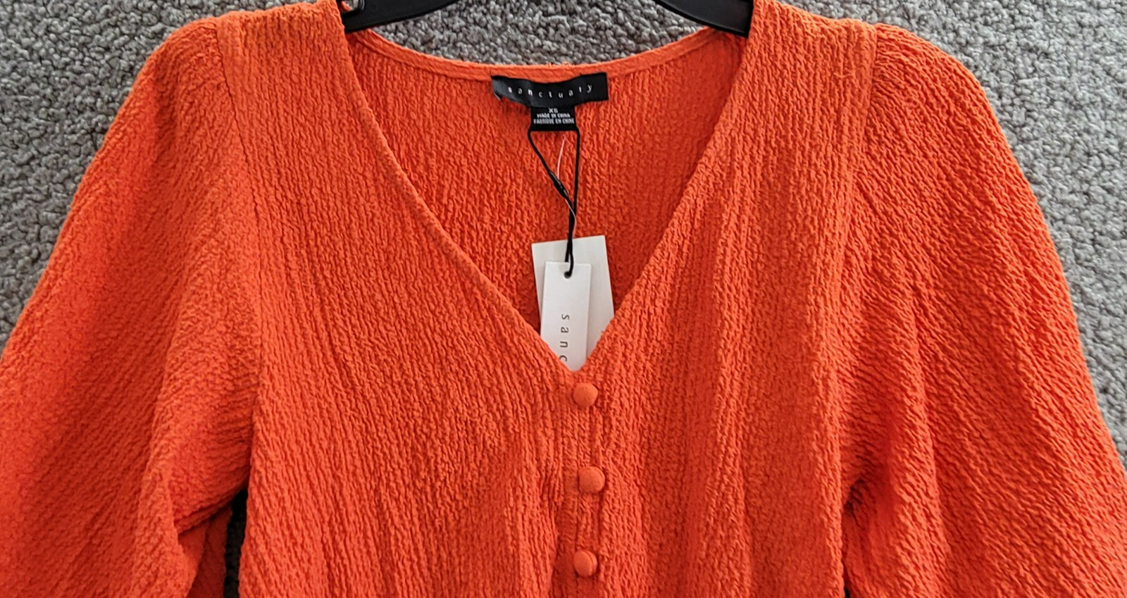 Sanctuary Textured Button-Front Peplum Top Women's XS Spicy Orange Elbow Sleeve - Picture 3 of 18
