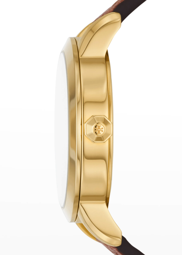 Pre-owned Tory Burch The Tory Gold-tone Stainless Watch Luggage Leather Strap Tbw1001