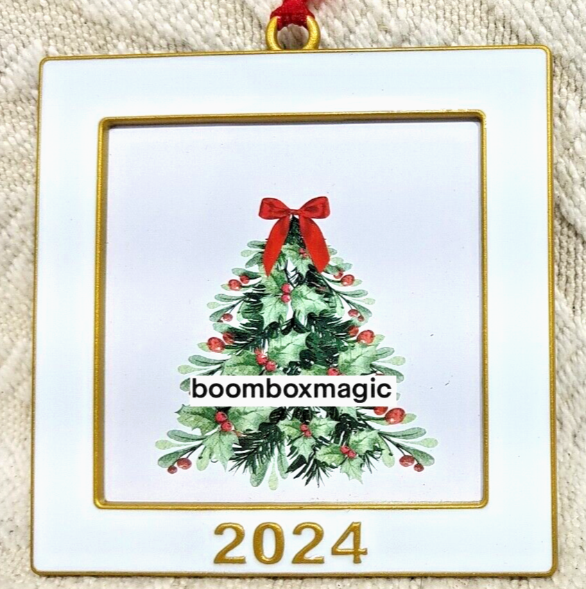 2024 CHRISTMAS TREE ORNAMENT PHOTO PICTURE FRAME ENAMEL WHITE & GOLD SQUARE 2.5"
