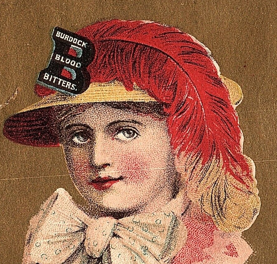 1880s Woman Hat Blood Bitters Burdock Trade Card Victorian Feather Red Medicine