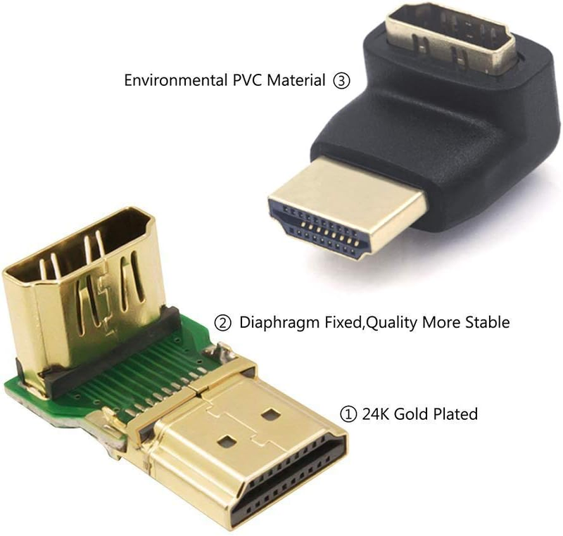 HDMI 90 and 270 Degree Adapter, Right Angle HDMI 2.0 Connector Male to Female fo