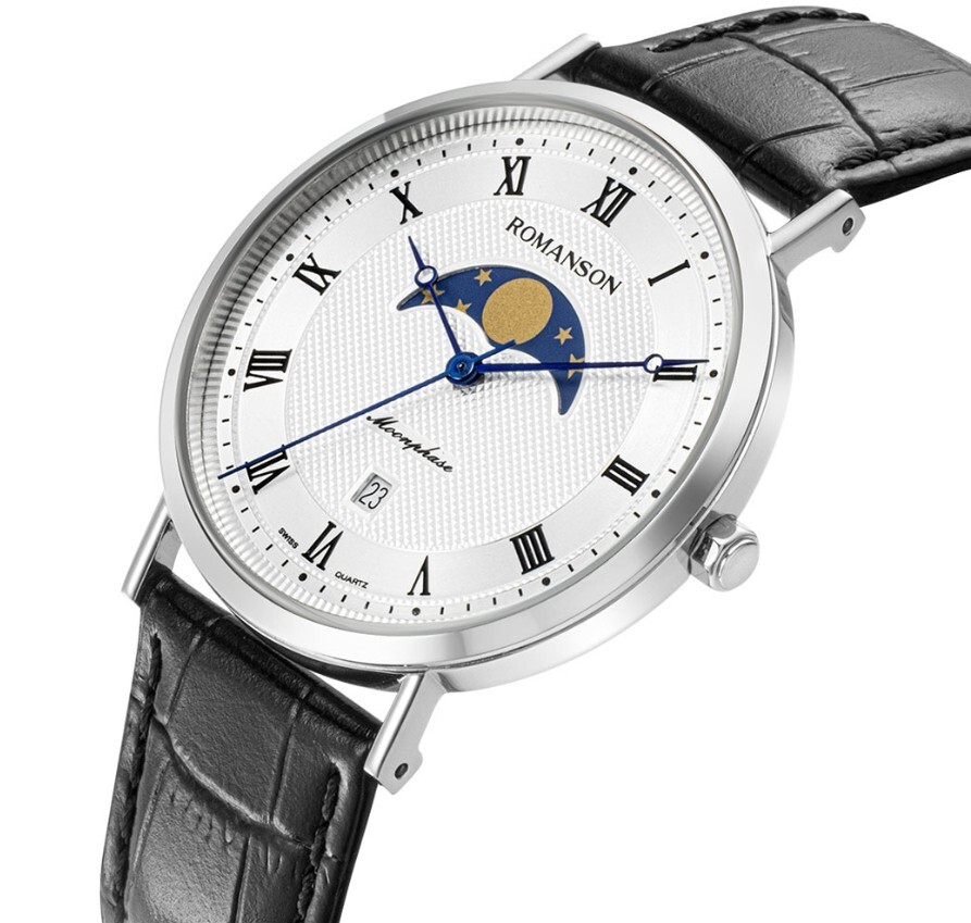 ROMANSON ROMANSON KAIROS CLASSIC MOON PHASE LEATHER WATCH RWTLFM1B2400WHSI0