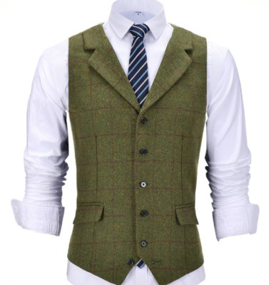 Mens Tweed Wool Vest Retro Windowpane Plaid Vintage Formal Vests M Large XL XXL