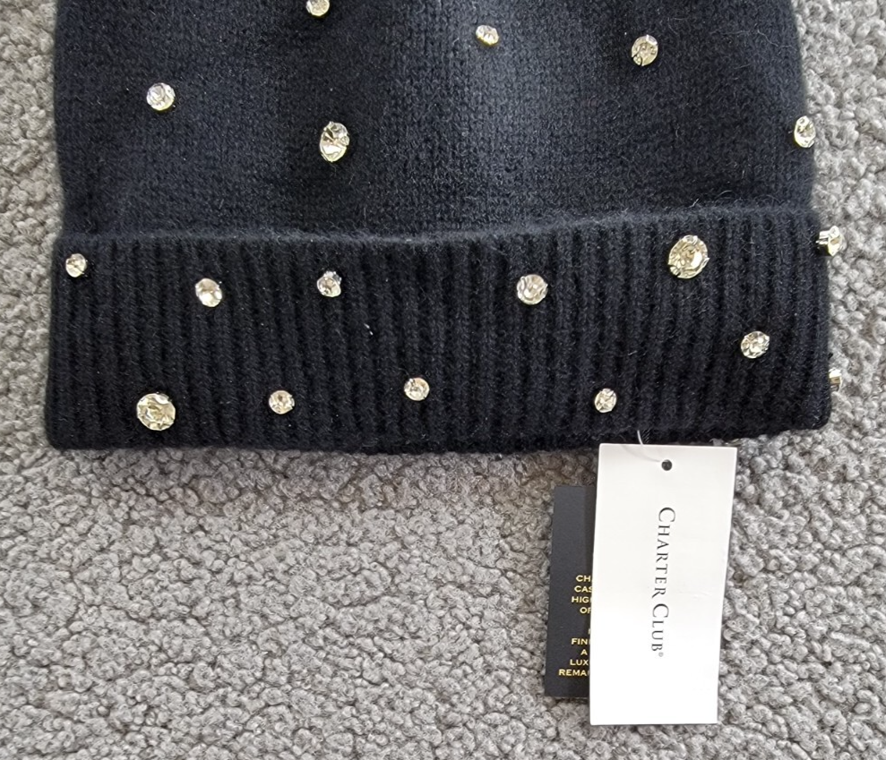 Charter Club Cashmere Embellished Cuffed Beanie Women's One Size Classic Black~ - Picture 4 of 15