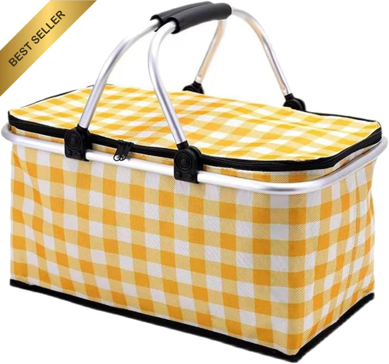 Foldable Insulated Picnic Basket, Portable Shopping Basket with Handle and Zippe