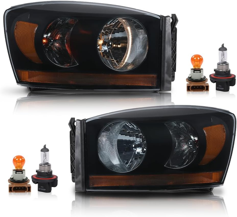 Headlights Assembly with Amber Bar Pair for Dodge Ram 1500 2006 2007 2008 Ram 25