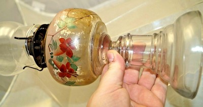 Antique Patd' 1683 & 1773 HAND PAINTED Flowers Font Kerosene Oil Table Lamp GWTW
