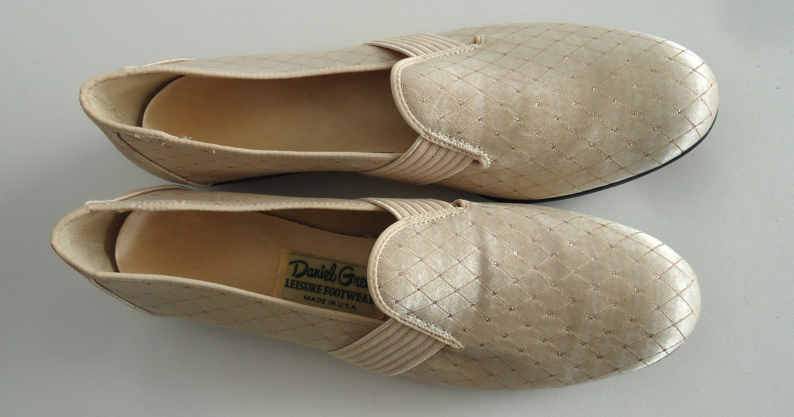 Mid Century Champagne & Gold Satin Boudoir Slippers 8