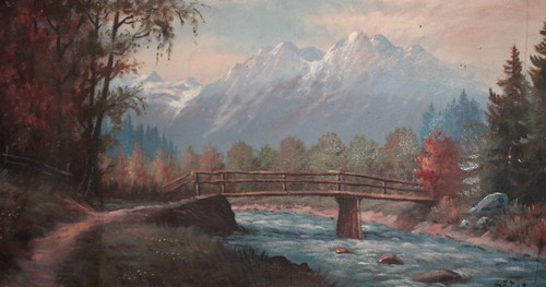 JOHN GRECO SNOW MOUNTAIN RIVER LANDSCAPE OIL ON BOARD