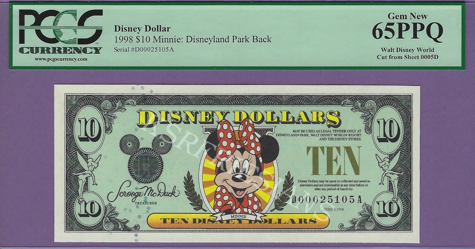 ディズニーダラー　Disneydollars 1998 D $10 MINNIE DISNEY WORLD DISNEY DOLLAR D00025105A