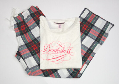  VICTORIA'S SECRET IVORY BOMBSHELL LONG SLEEVE & PLAID PANT PAJAMA SET Sz S