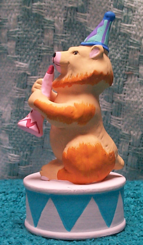 Bisque Circus Bear Figurine with Horn and Hat by Mann Japan