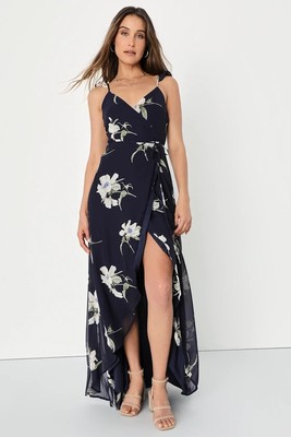 LULUS Womens Sz Large All Mine Floral Print High-Low Maxi Wrap Dress Navy Blue